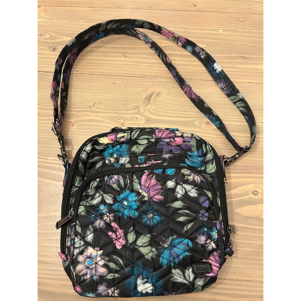 Lug Ranger Crossbody Bag Floral Black Quilted Multi Pocket Travel Purse